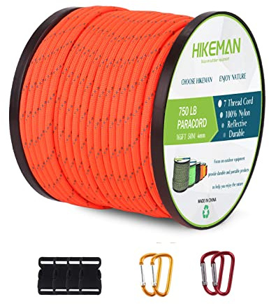 HIKEMAN paracordsnöre 750 nylonrep – 4 mm parachutrep med 7 trådar fallskärmslina, slitstark kärnkappa, rep, 50 m nylonrep för armband, linne, halsband (orange)