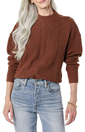 Amazon Essentials Women's Soft-Touch Modern Cable Crewneck Sweater (Available in Plus Size), Dark Toffee Brown, XS
