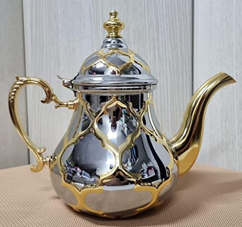 Tetera marroqui de 800 ml tetera árabe realizada en Acero Inoxidable Tetera Inducción con Filtro Integrado DORADA/PLATA