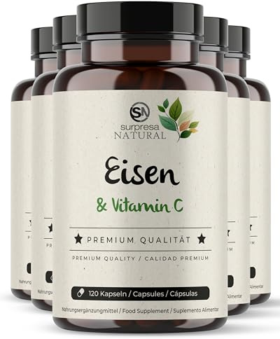 Surpresa Natural Eisen Vitamin C Kapseln I 5 x 120 Stück I Eisen-Supplement mit 14mg natürlichem Eisen & 80mg Vitamin C I Vorrat für 20 Monate I Eisen-Kapseln hochdosiert I 100% vegan & natürlich