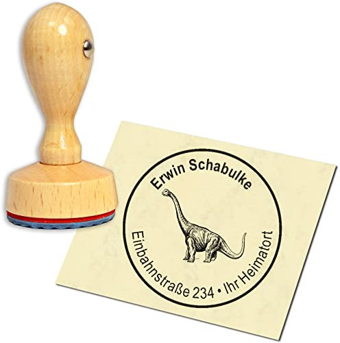 Stempel Adressstempel Holzstempel - Dinosaurier Brachiosaurus Langhals - rund ∅ 40mm personalisiert als Firmenstempel Namensstempel Bürostempel