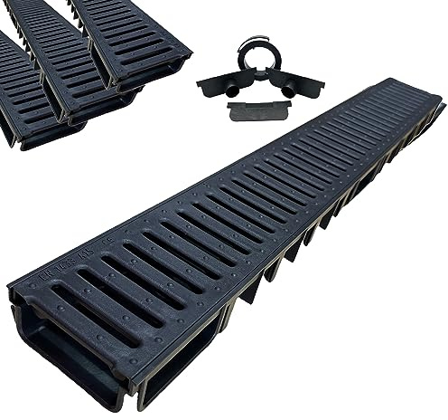 MASTERBRICO Flacher und befahrbarer Wasserablauf, 125 x 50 mm, befahrbares Entwässerungssystem für Terrassen, Garagen, Tiefgaragen, mit Gitter PP-PE – Kit 3 Stück à 1 Meter mit 2 Zylinderköpfen und