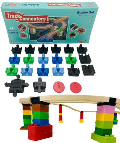 22 TOY2 Schienenverbindern TOY2 Builder Set Kompatibel BRIO Eisenbahn & Duplo Bausteine-Bauset 3 Verschiedene Connectors-Nachhaltige Holzeisenbahn Holzschienen Verbinder