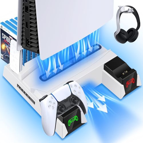 Labtec Vertikaler PS5 Standfuß mit Kühlung Lüfter und Dual Controller Ladestation für PS5 Disc & Digital Edition Konsole,PS5 Ständer mit 11 Spiele Halter, PS5 Zubehör