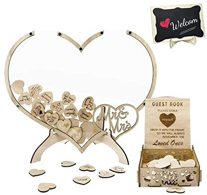 Wedding Guest Book Alternative, Wooden Heart Guest Book with 100 Wooden Hearts Drop Top Frame Guestbook, Wedding Guestbook Alternative with Stand Wooden Wedding Guest Book Letters (03)