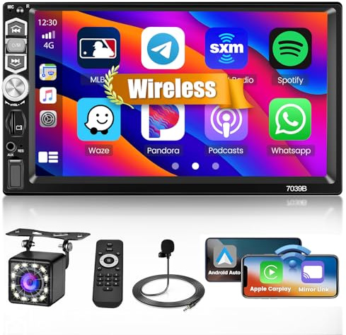 Hikity 1 DIN-bilradio med trådlös Android Auto CarPlay, 7-tums skärm, Bluetooth 5.1, FM, USB, TF, AUX