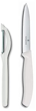 Victorinox Universalschäler mit Pendelklinge CUT Set für Obst und Gemüse - Extra scharf - Zackenschliffklinge/Zweischneidig - Swiss Made - Limited Edition Weiß