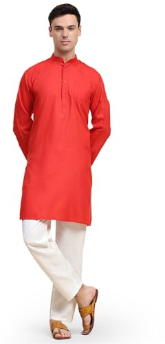 SKAVIJ Henley-Kurta-Set für Herren, Baumwolle, mit Mandarinenkragen, normale Passform, festlich, lässig, Alltagskleidung, ethnisches Kleid, Rot/Ausflug, einfarbig (Getaway Solids), Small