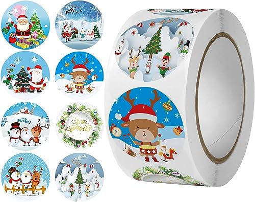 Weihnachtsaufkleber Rund, 1 Stück mit 500 Blatt Weihnachten Aufkleber Etiketten, Selbstklebend Geschenkaufkleber für Umschlag Geschenktüten, Papiertüten, Dekorieren, Weihnachtskarten, Geschenk