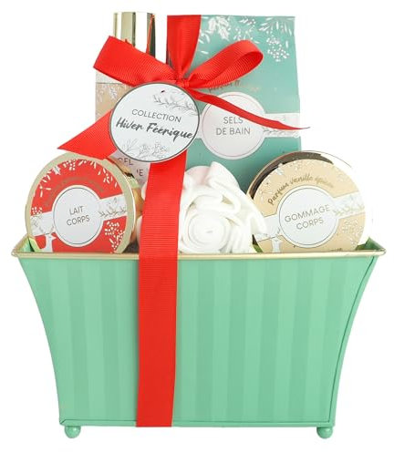 French Tendence – Caja de baño de invierno – Gel de ducha 180 ml, sales de baño 100 g, leche corporal 50 ml, exfoliante de 50 ml y flor de baño – Regalo para mujer belleza y cuidado corporal