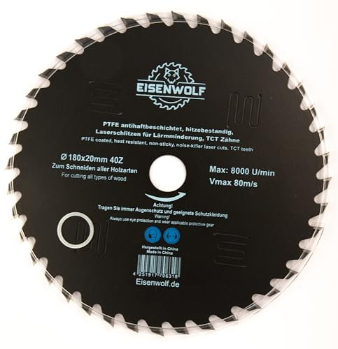 Lame de scie circulaire 180 x 20 mm pour bois avec 40 dents TCT inclinées, revêtement antiadhésif PTFE et découpes laser pour réduire le bruit