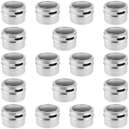 YUENPUN 18 PCS 4oz Stainless Steel Magnetic Spice Jars, Metal Spice Containers with Plastic Visible Window, Small Round Spice Tins Set for Sugar, Salt, Pepper, Cumin