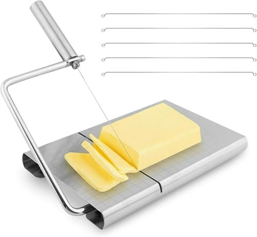 Cheese Slicer, Stainless Steel with Scale Cheese Slicers Board, Cheese Cutters for Block Cheese with 5 Replacement Wires, Stainless Steel Cheese Slicers for Butter Cutter Food Slicer