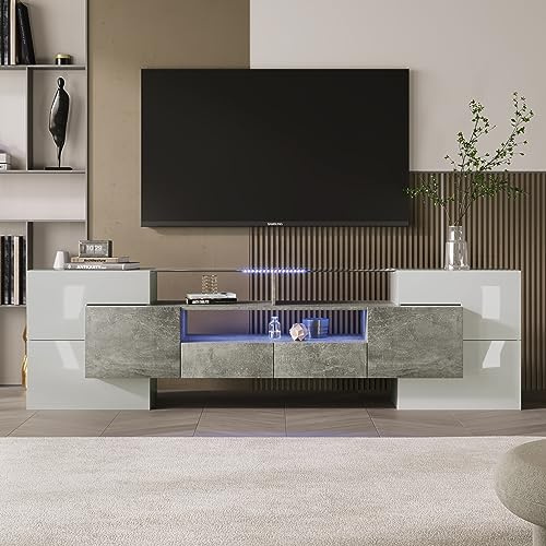 Azkoeesy Mueble TV Moderno 200 cm con Iluminación LED - Blanco Brillante/Gris, 4 Puertas + 2 Cajones, Mesa de Cristal, para Salón (200x35x60 cm)