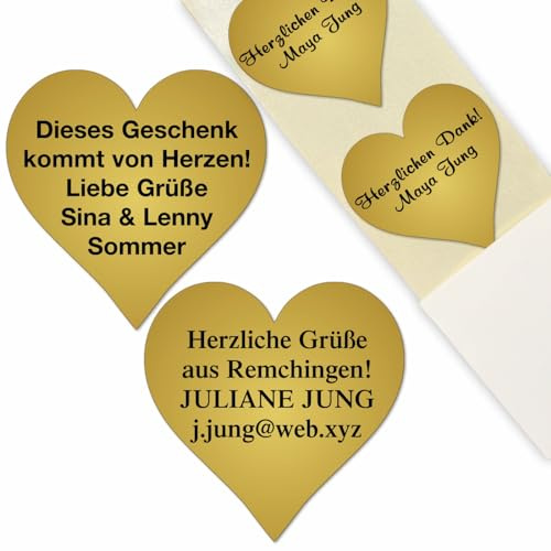 200 goldene Herz-Etiketten, Adressaufkleber, Adressetiketten mit Ihrem Wunschtext auf der Rolle in Spenderbox vom Versandhaus JUNG