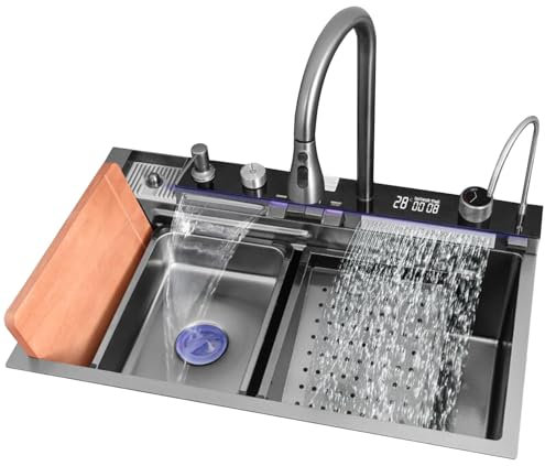 evier cuisineCuisine 75 * 46 cm Double Cascade Robinet Sortie Évier Grande Capacité Simple Bol Évier En Acier Inoxydable Siphon Évier Cuisine Vaisselle Eau Piscine Éviers (Grigio 75 * 46 * 2