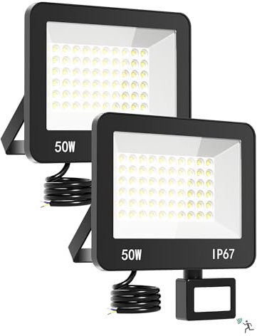 HAPYLUMI Projecteur LED Extérieur avec Détecteur 50W, 2 Pièce 5000LM Blanc Froid Spot Exterieur Detecteur Mouvement, IP67 Étanche Phare LED Éclairage pour Jardin Patio Garage