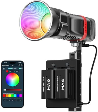 GVM PL60C RGB Lampes de Studio, Lampe Vidéo LED COB 60 W avec Piles, Lampe Vidéo LED Portable pour Photographes, Projecteur Portable Couleur 360 °pour l'enregistrement Vidéo, Portrait en Extérieur