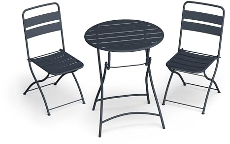 blumfeldt Mesa Bistro – 60cm Redonda Plegable, Acero Resistente, diseño Compacto, Ideal para jardín, balcón, terraza y Exterior, Conjunto de Mesa y 2 sillas, Uso Interior y Exterior