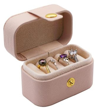 AfitLulu Ring Box Mini Travel Ring Holder Compact Snap Button Travel Jewelry Case for Women with Twill PU Leather, Mini Jewelry Box Ring Storage Box for Travel, Business Trips (Pink)