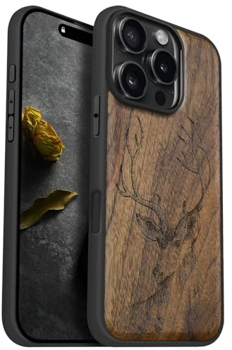 Carveit Holz Hülle für iPhone 16 Pro, Nussbaum-Rehkopf | Cover kompatibel MagSafe [Holz und TPU Silikon Hybrid Hull] Magnetisch Case für iPhone 16 Pro Handyhülle
