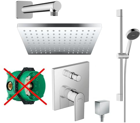 Hansgrohe Duschsystem Unterputz Duscharmatur Hansgrohe poliert HGK11-ob | Duscharmatur von Hansgrohe Vernis Shape Einhebelmischer und Hansgrohe Regendusche eckig Duschstange Dusch-SET poliert
