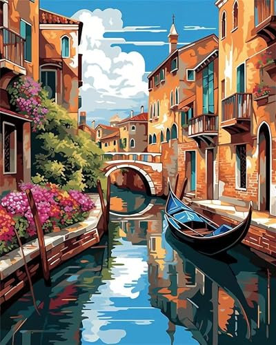 Venedig-Stadtlandschaft Malen nach Zahlen für Erwachsene,DIY Handgemalt Ölgemälde-Set auf Leinwand mit Pinseln und Acrylpigment für Kinder Anfänger Kunst für Heimdekoration Geschenk,mit rahmen 30x40cm