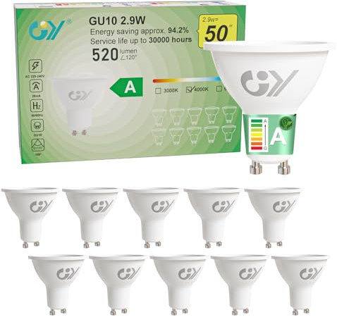 GY Lampadina LED GU10 classe A, 520LM (Eq. 50 W) 4000 K Bianco Neutro, Non Dimmerabile, Non Lampeggiante, 110 Gradi Angolo del Fascio, Lampadine GU10 LED Basso Consumo, 10 Pezzi