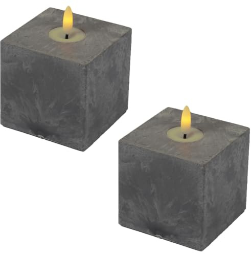 Marrakesch Industrial Deko 2er Set LED Kerze Stumpenkerze in Zement Design Quadratisch 11cm | Outdoor Flackernde Led Kerzen Batteriebetrieben mit Timerfunktion für Kerzenständer Baddeko Weihnachtsdeko