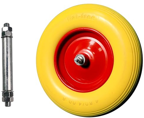 Schulz Tech Schubkarrenrad PU Vollgummi mit Achse, Tragkraft 200 kg, 4.80/4.00-8 Gummirad, pannensicher, Reifen mit Stahlfelge, Durchmesser 390 mm, gelb-rot