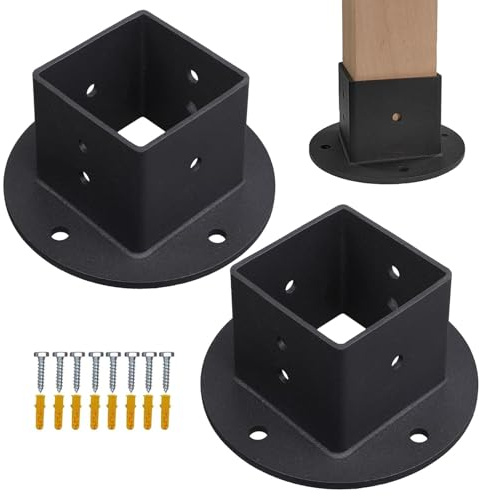 Fence Pole Floor Flanges, Square Steel Post Base, Wall Mount Bracket, Black Coated Support Plate, Heavy Duty, Structural Column Holder, Ground Attachment, 1.54x0.79x0.79 Inches