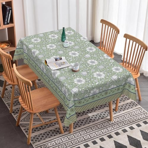 Xiazhilaio French Rectangular Tablecloth 55x70 - Green Floral Waterproof Table Cloth for Dining, Kitchen, Outdoor and Picnic Party Decor