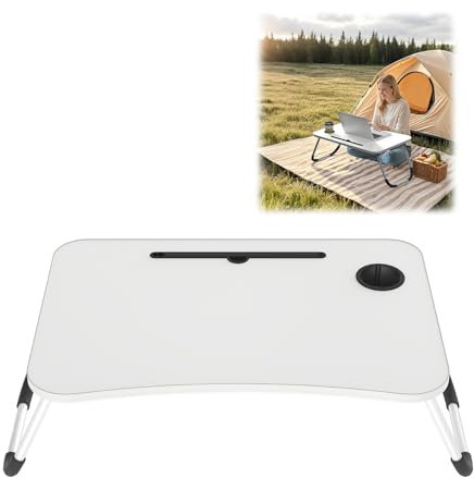 Froadp Tragbar Betttisch, Laptoptisch für Bett, Klappbar mit Getränkehalter, 60x40x26.5 cm, Faltbar für Aufbewahrung, Für 17 Zoll Laptops,Warmweiß