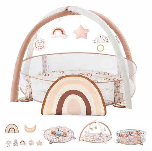 Mallify 6-in-1 XL Baby-Spielbogen mit Spielmatte & Bällebad, Kombiniertes Baby-Spielcenter mit Meilensteinkarten zur Sinnes- und Motorikförderung, Bälle Nicht enthalten