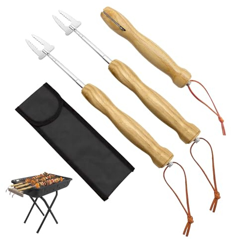 2 Stück Grillspieße Grillgabel Spieße ausziehbar, Grillspieße Teleskop Marshmallow, Grillbesteck Set für Camping Grill Länge 81cm
