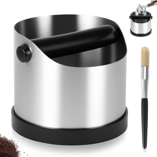 Coffee Grounds Knock Box with Removable Knock Bar and Coffee Brush | Stainless Steel Espresso Knock Box Non-Slip Base Knock Container Espresso Dump Bin Grind Waste Bin Coffee Maker Accessories