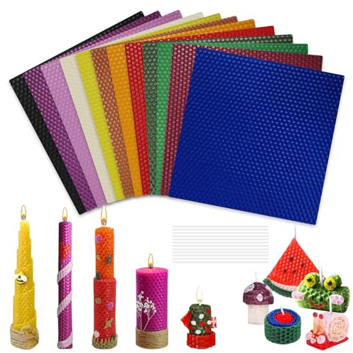 Bienenwachsplatten für Kerzen, 12 Stück Farbiger Bienenwachsplatten 20 x 20 cm, Kerzen Selber Machen Set Kinder, Kerzenset zum Selbstmachen, Bienenwachskerzen Set, für DIY, Basteln, Weihnachten