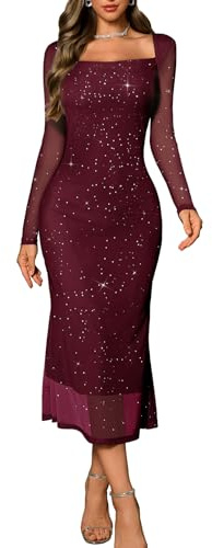 DRESSTELLS Womens Sequin Formal Party Dresses Long Sleeve Mesh Ruched Bodycon Maxi Wedding Guest Dress