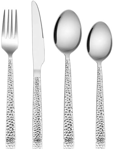 E-far 24-Piece Silverware Set, Hammered Stainless Steel Square Flatware Cutlery Set for 6, Tableware Set Eating Utensils for Home Kitchen Restaurant, Modern Design & Mirror Polished