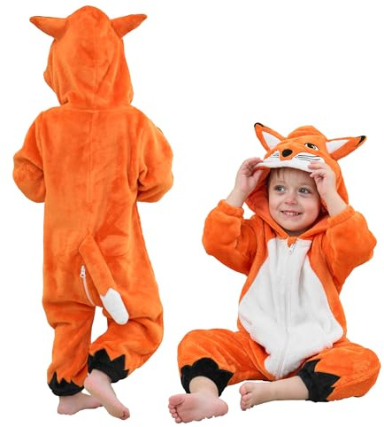 LOLANTA Rävdräkt för bebis, sparkdräkt med djurhuva för pojkar och flickor, flanelljumpsuit för halloween och maskeradfester (räv, 2–3 år, 100)