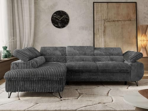 MKS MEBLE Ecksofa Wohnlandschaft L-Form mit Schlaffunktion und Bettkasten, Schlafsofa mit Bettkasten, Sofa mit Einstellbare Kopfstützen, Pablo L - Cord - Links Dunkelgrau