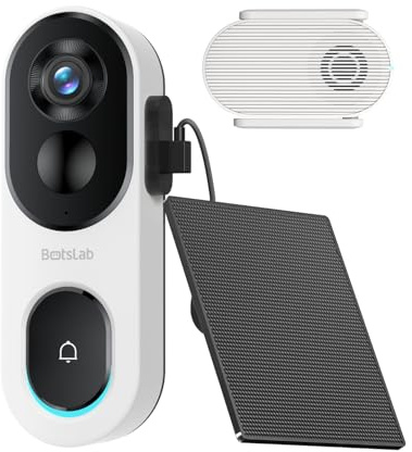 BOTSLAB Sonnette sans Fil Exterieur Etanche 2K avec Panneau Solaire, Sonnette Vidéo à Alimentation Continue avec Vue Tête-Pieds 1:1, Audio Bidirectionnel, Détection Humaine, WiFi 2,4 GHz