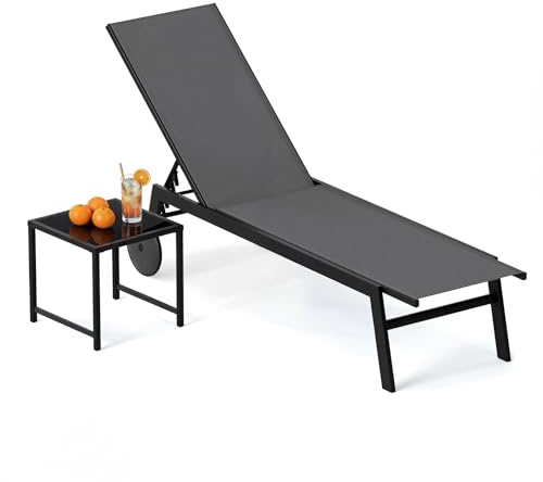 RELAX4LIFE Sdraio da Giardino con Tavolino in Vetro, Tessuto in Tessile Tubolare, Schienale Regolabile a 6 Posizioni e Ruote Incorporate, Set di 2 Pezzi per Patio, Piscina e Terrazza (Grigio)