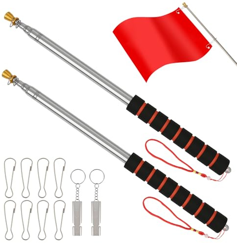 Dewdropdale 2 stycken 3 meter teleskop flaggstång, rostfritt stål flaggstång teleskop, telescopic flaggpole med clips och nödpipa, lämplig för resor, utomhusaktiviteter, lärare och resestege