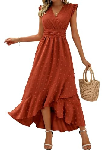 KUNJLELP Robe Femme Chic et Elegant Col V Manches Courtes Robe D'été Taille Haute Élastique Robe de Plage Vacances Fête Mariage Aniversaire