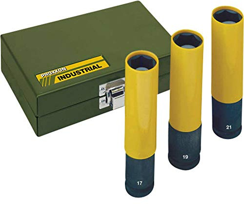Proxxon 23970 Steckschlüsseleinsatz/Einsatzset IMPACT, extralang zum Einsatz mit Druckluftschraubern, extreme Verschleißfestigkeit, 1/2 Zoll, Länge: 130 mm, Durchmesser 17/19/21 mm, Drehmoment: 500 Nm