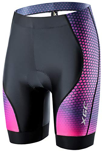 XGC Damen Kurze Radlerhose und Radunterhose Radsportshorts Fahrradhose für Frauen elastische 4D Schwamm Sitzpolster mit Einer hohen Dichte (L, Black_Purple)
