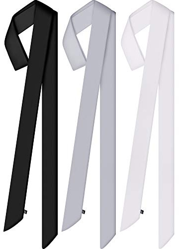 Geyoga 3 Pcs Skinny Scarf for Women Silk Satin Belt Long Necktie Sash Tie Neck Scarf for Dress Bag Purse(Black, White, Grey)