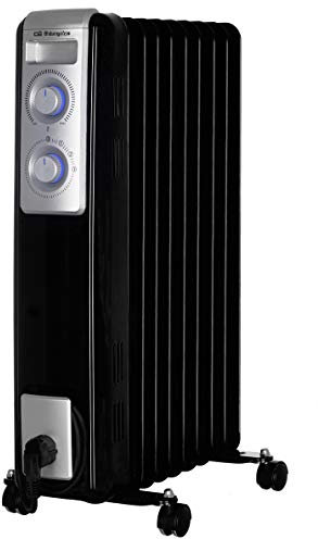 Orbegozo RN 2000 - Radiador de aceite, 9 elementos, luz LED, termostato regulable, Recogecables, Ruedas pivotantes, Negro, 2000 W