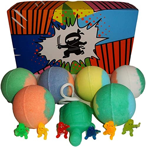 Kids Bath Bombs with A Surprise Ninja Toy Inside & Turtle SOAP ON THE Rope Colored XL Bath Bombs, Kid Safe Designed for Boys with Organic Essential Oils